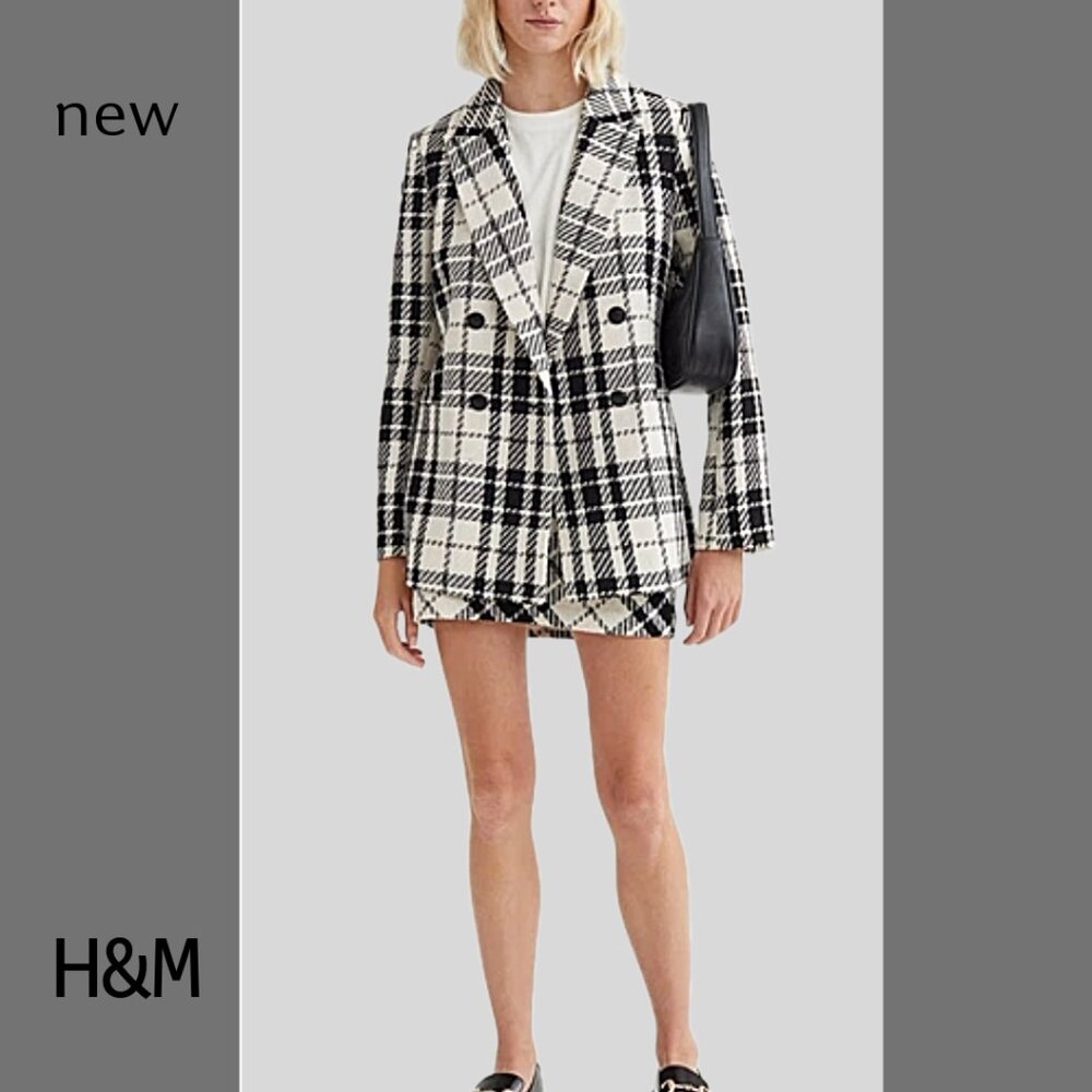 2-pc NWT H&M black & white plaid textured-weave blazer and skirt set, Sz S & 8